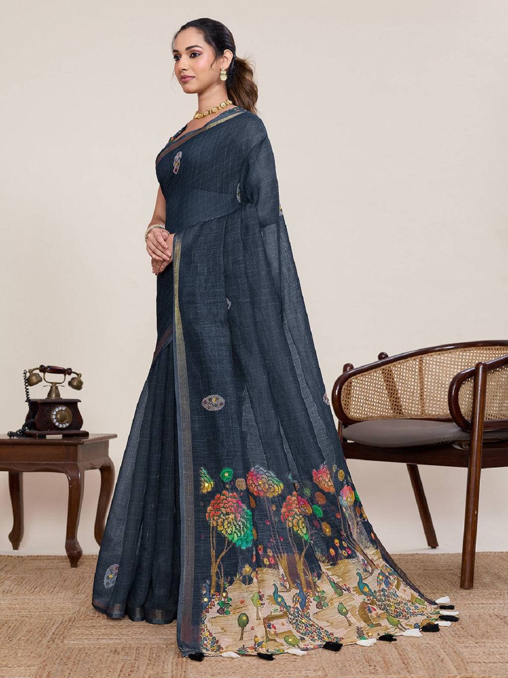 Black Linen Saree with Mirror Work Detail and Unstitched Blouse