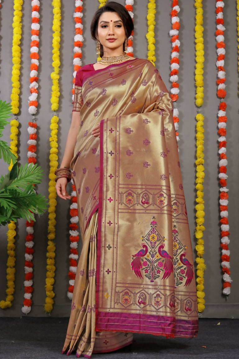 Rich wine Paithani silk saree with Zari woven embellishments and matching blouse