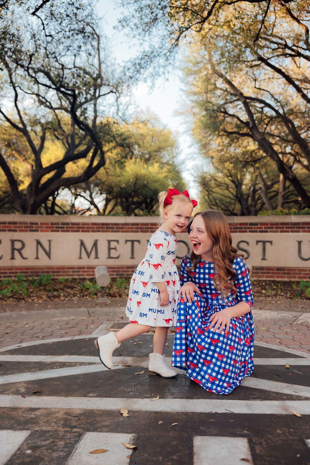SMU White Mustang 3/4 Sleeve Pocket Twirl Dress