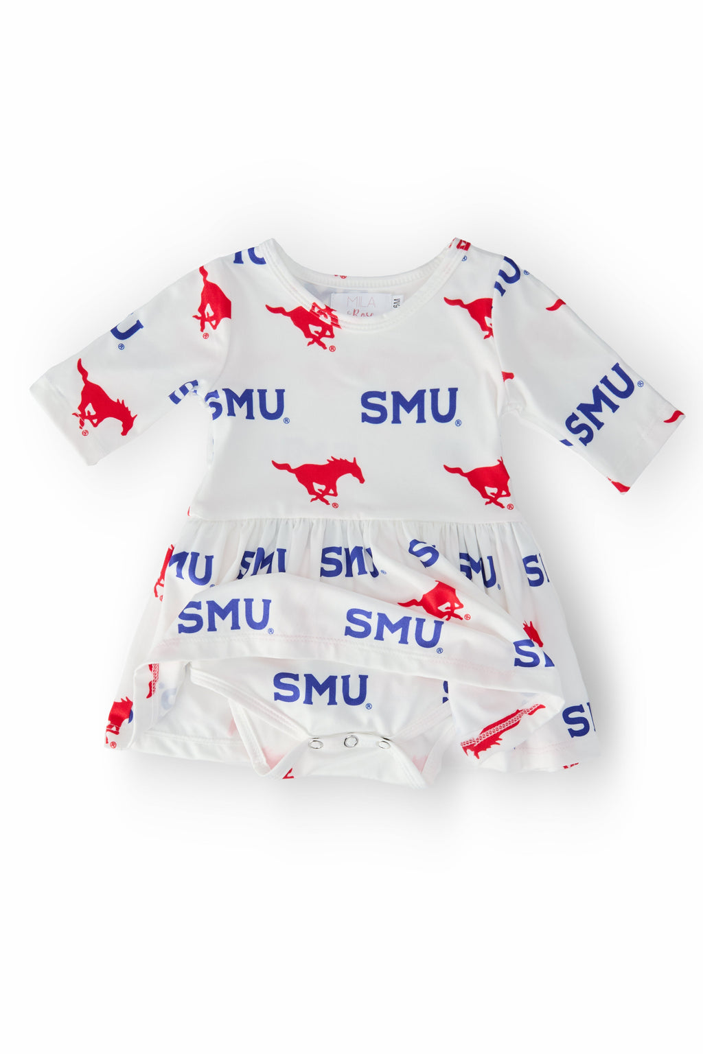 SMU Mustangs White 3/4 Sleeve Twirl Bodysuit for Baby Girls - Image 2