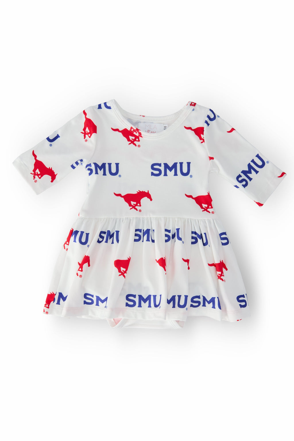 Baby girls white bodysuit with 3/4 sleeves featuring red SMU Mustang logos and blue SMU text, with an attached twirl skirt.