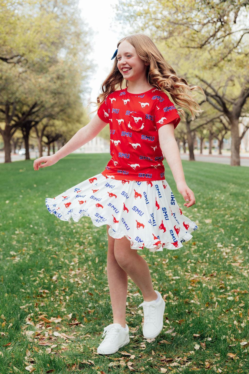 White SMU Mustangs Ruffle Twirl Skort for Girls - Image 3