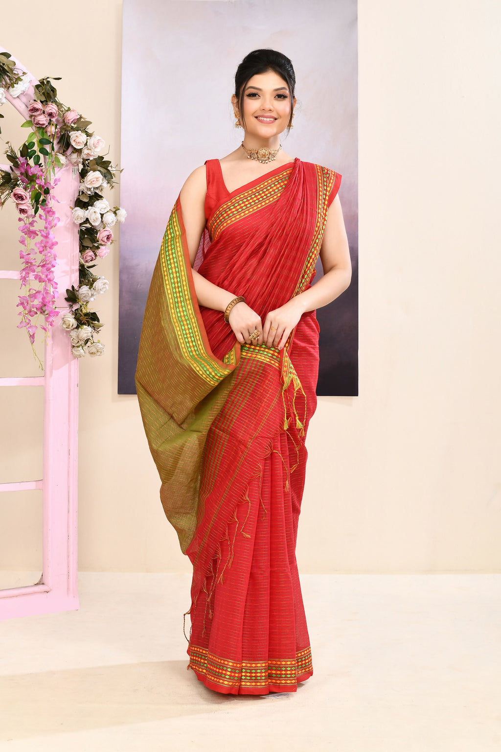 Red Embellished Cotton Blend Jamdani Saree