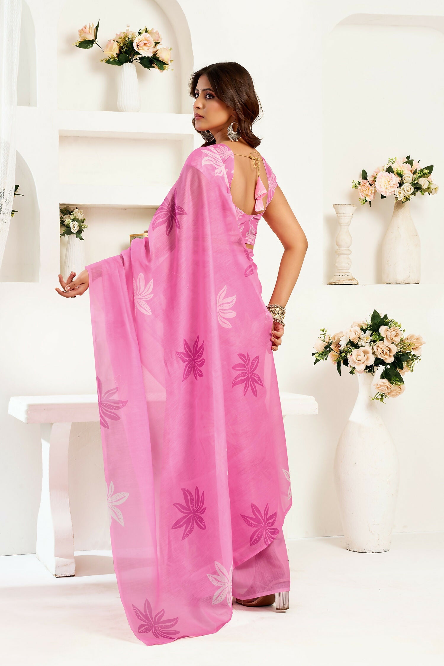 Pink Floral Linen Ready To Wear Saree With Unstitched Blouse