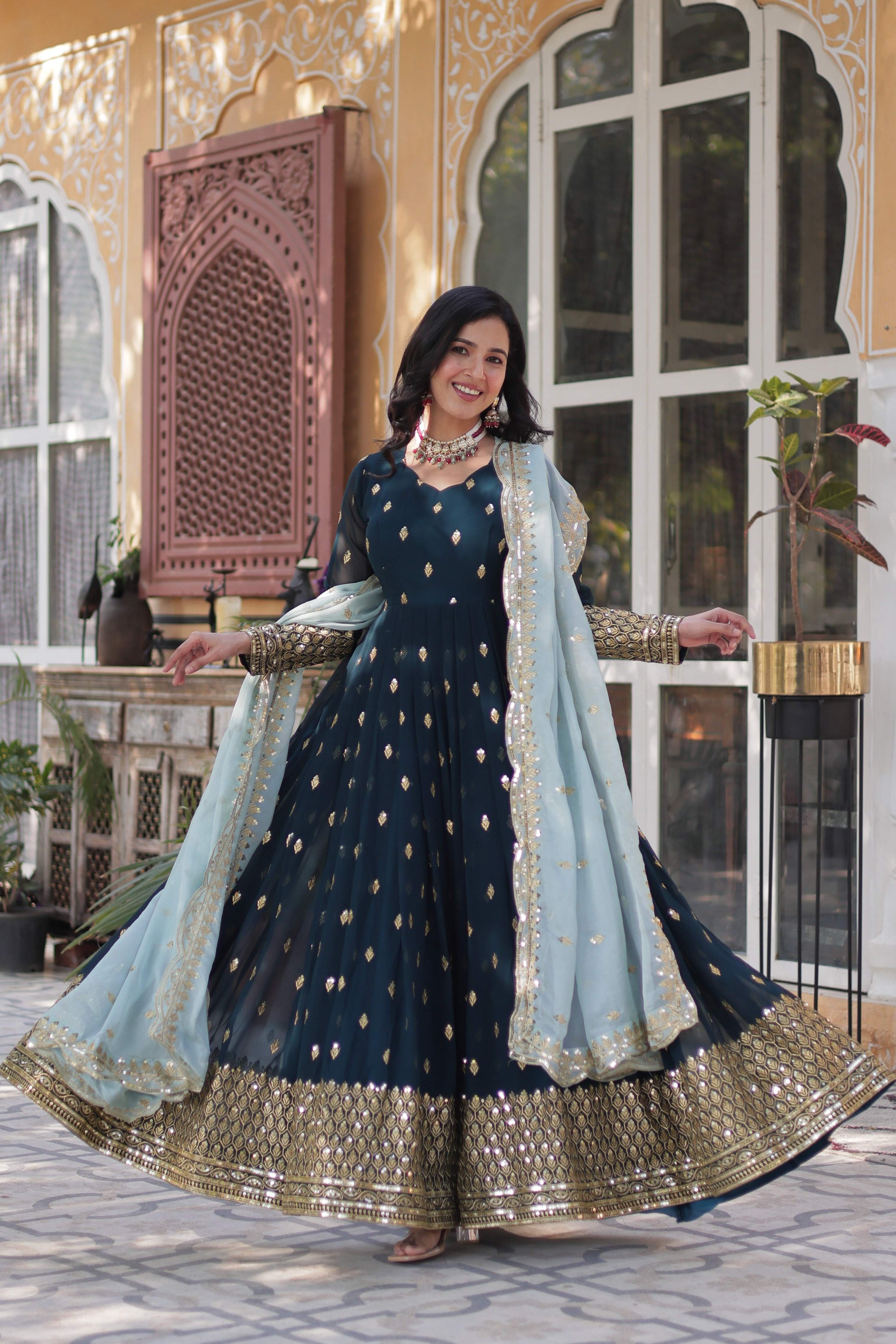 Bottle Green Faux Blooming Anarkali with sequins and zari embroidery and full sleeves