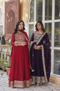 Maroon & Wine A-line Anarkali dress with Sequins and Zari embroidery in Faux Blooming fabric