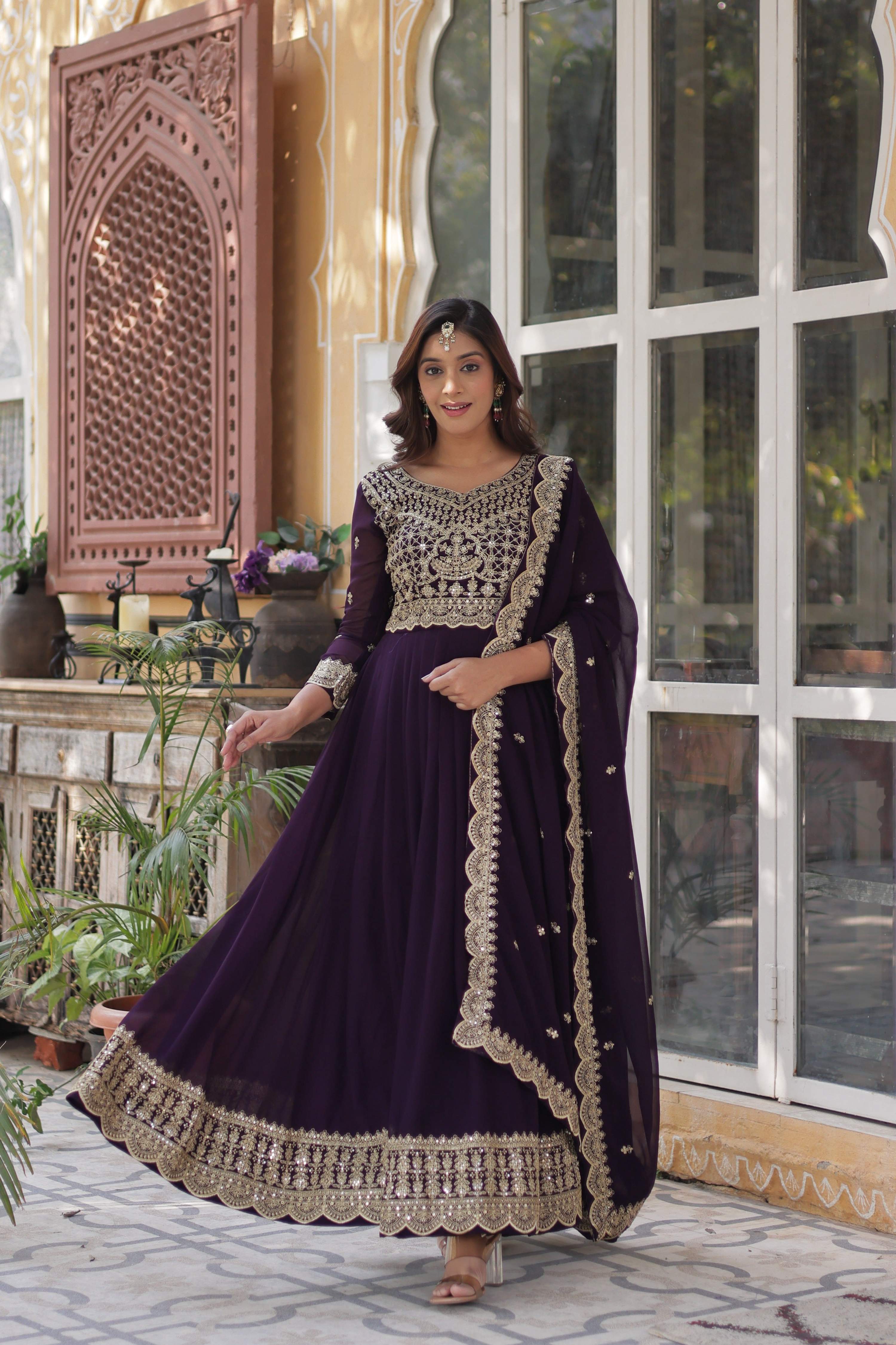 Jyoti Fashion Women's Wine Faux Blooming Sequins Zari Embroidered Long Anarkali Sets