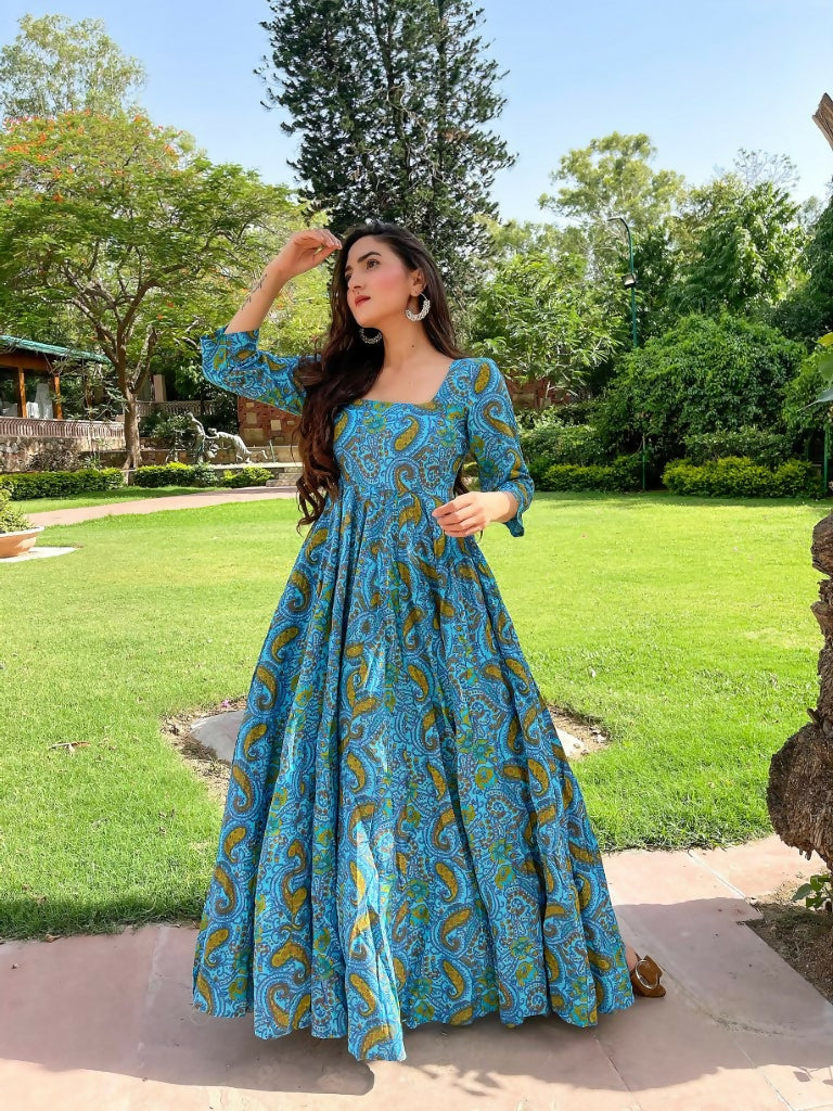 Turquoise and mustard-yellow abstract print cotton-silk Anarkali dress