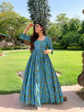 Turquoise and mustard-yellow abstract print cotton-silk Anarkali dress