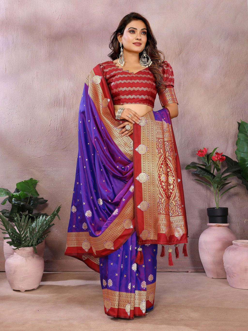 Violet Silk Saree with Intricate Weaving