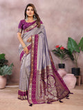 Grey Kalamkari Silk Saree with elegant Zari Woven border