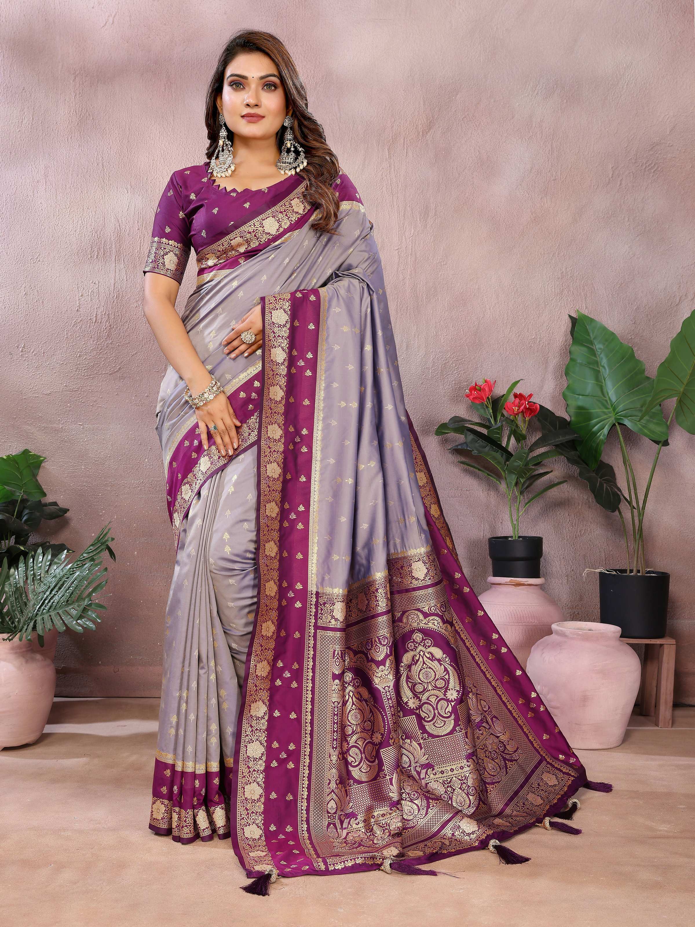 Grey Kalamkari Silk Saree with elegant Zari Woven border