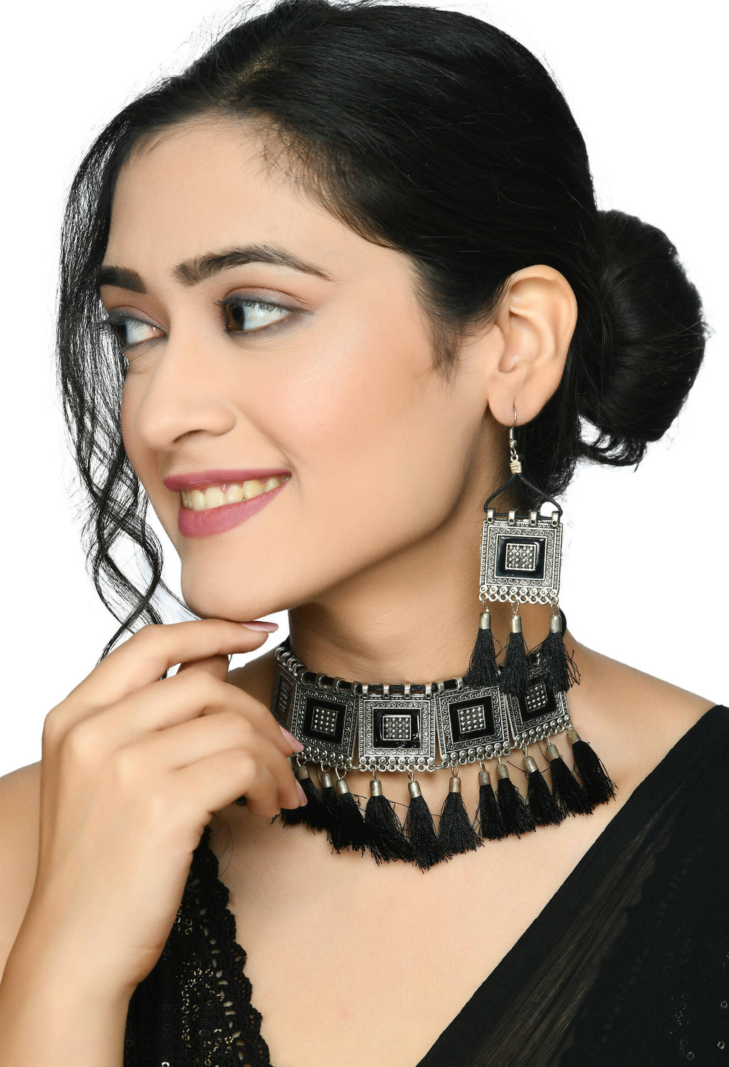 Oxidised Silver-Plated Brass Tassel Choker Necklace for Women