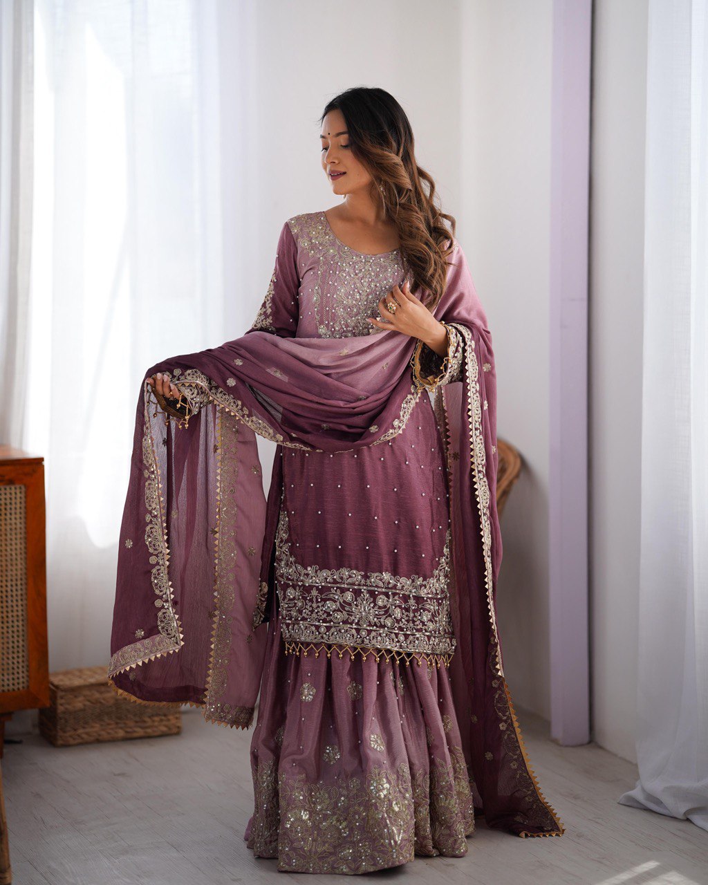 Prazu Fashion Onion Pink Chinon Silk Sequence With Rivet Moti Palazzo Suit