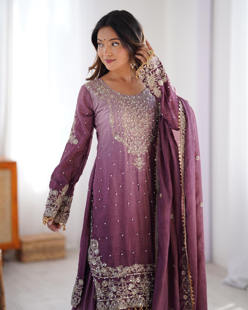 Prazu Fashion Onion Pink Chinon Silk Sequence With Rivet Moti Palazzo Suit