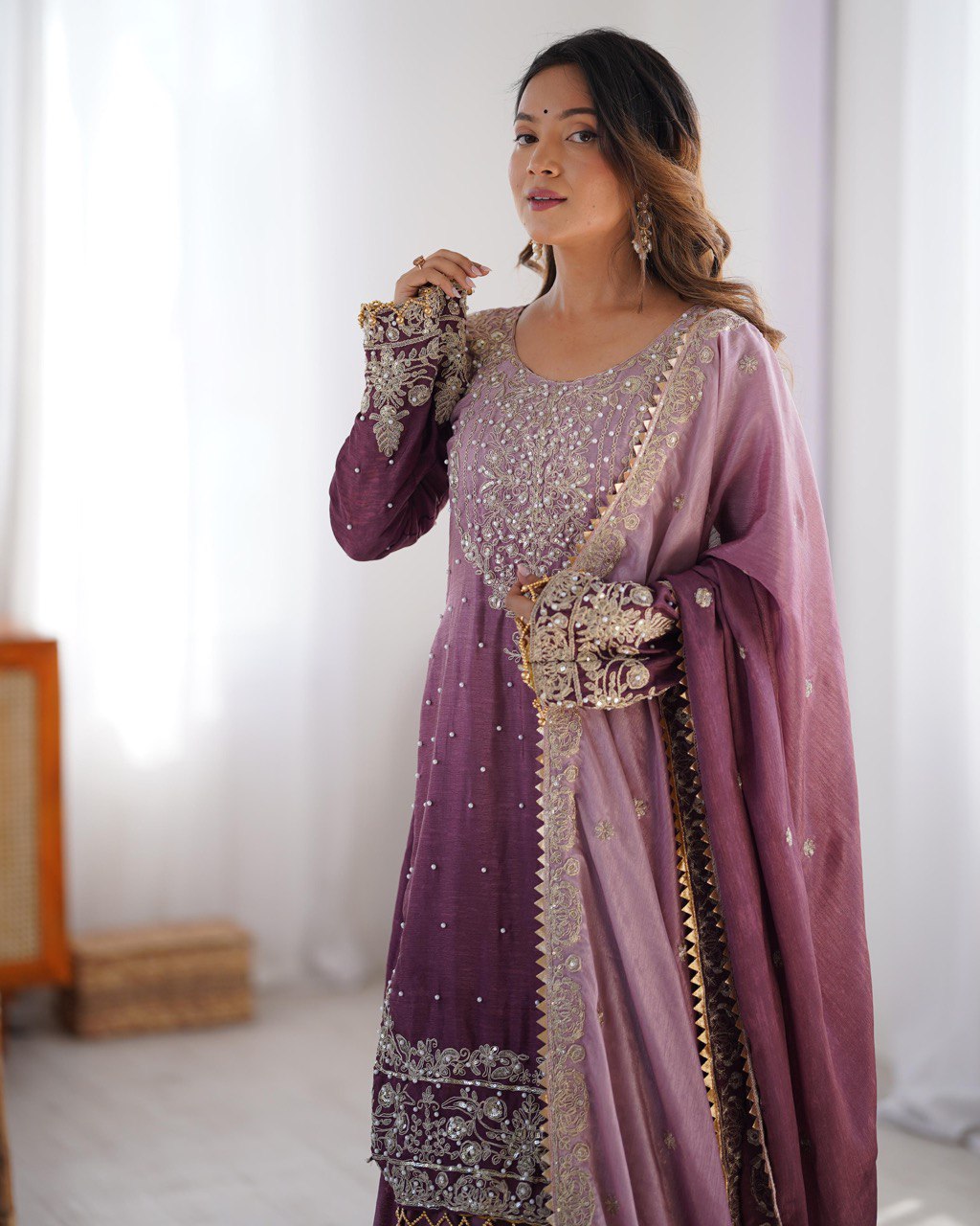 Prazu Fashion Onion Pink Chinon Silk Sequence With Rivet Moti Palazzo Suit