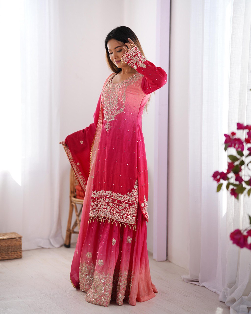 Prazu Fashion Pink Chinon Silk Sequence With Rivet Moti Palazzo Suit