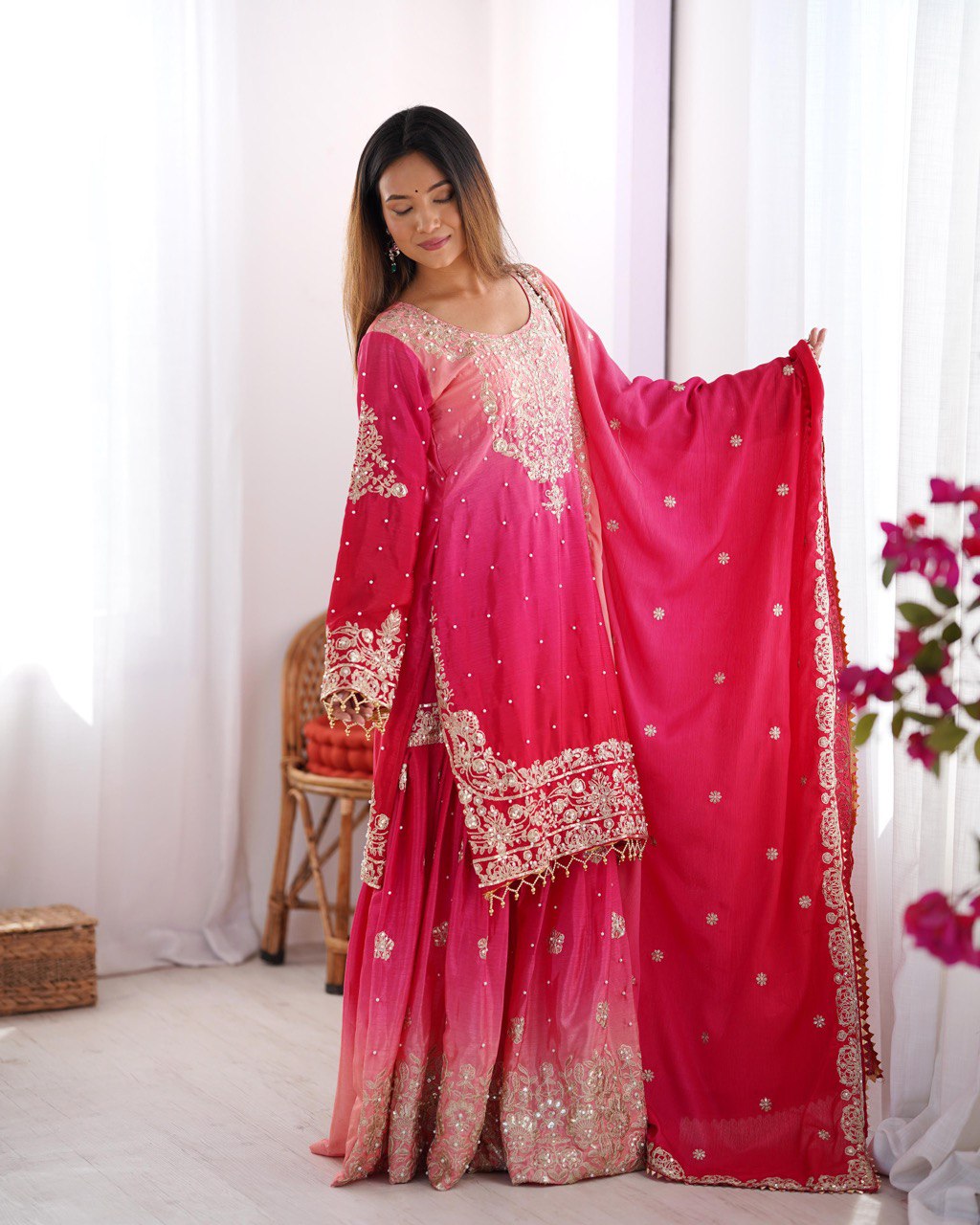 Prazu Fashion Pink Chinon Silk Sequence With Rivet Moti Palazzo Suit