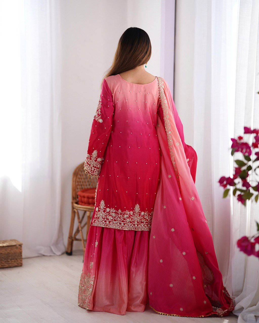 Prazu Fashion Pink Chinon Silk Sequence With Rivet Moti Palazzo Suit