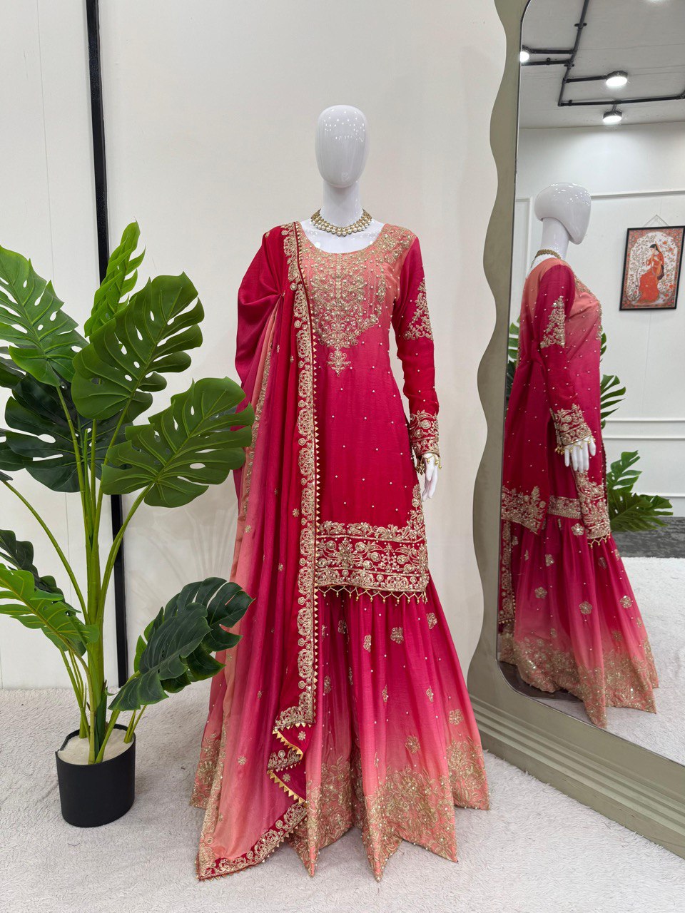 Prazu Fashion Pink Chinon Silk Sequence With Rivet Moti Palazzo Suit