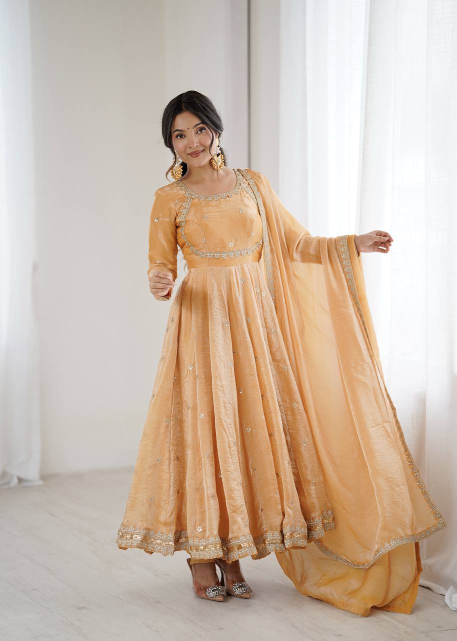 Prazu Fashion Light Golden Fandy Silk Coding With Sequence Work Wedding Wear Anarkali Suit