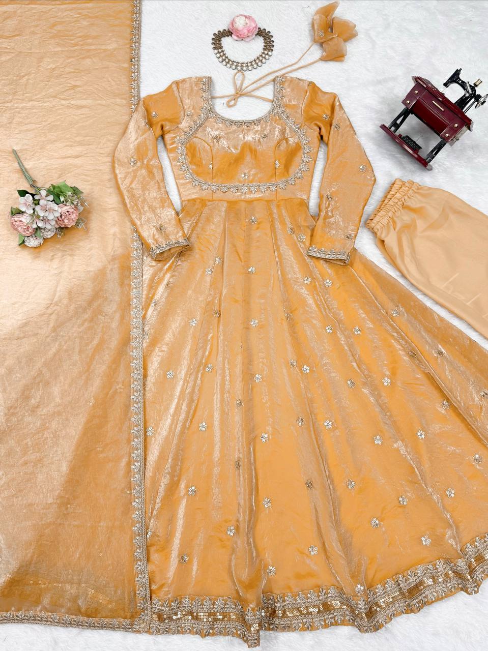 Prazu Fashion Light Golden Fandy Silk Coding With Sequence Work Wedding Wear Anarkali Suit
