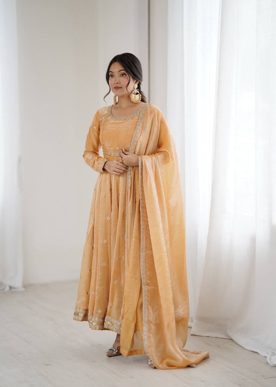 Prazu Fashion Light Golden Fandy Silk Coding With Sequence Work Wedding Wear Anarkali Suit