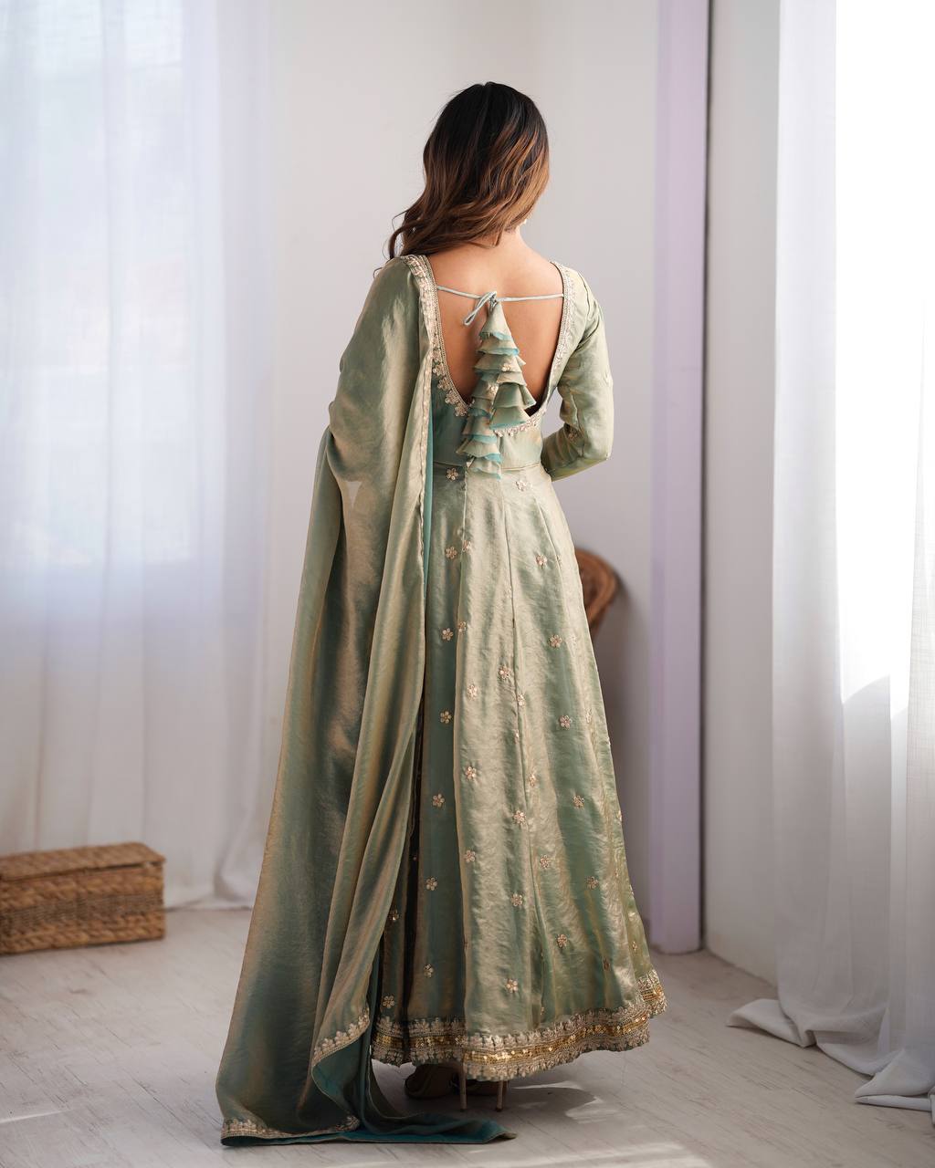 Prazu Fashion Olive Green Fandy Silk Coding With Sequence Work Wedding Wear Anarkali Suit