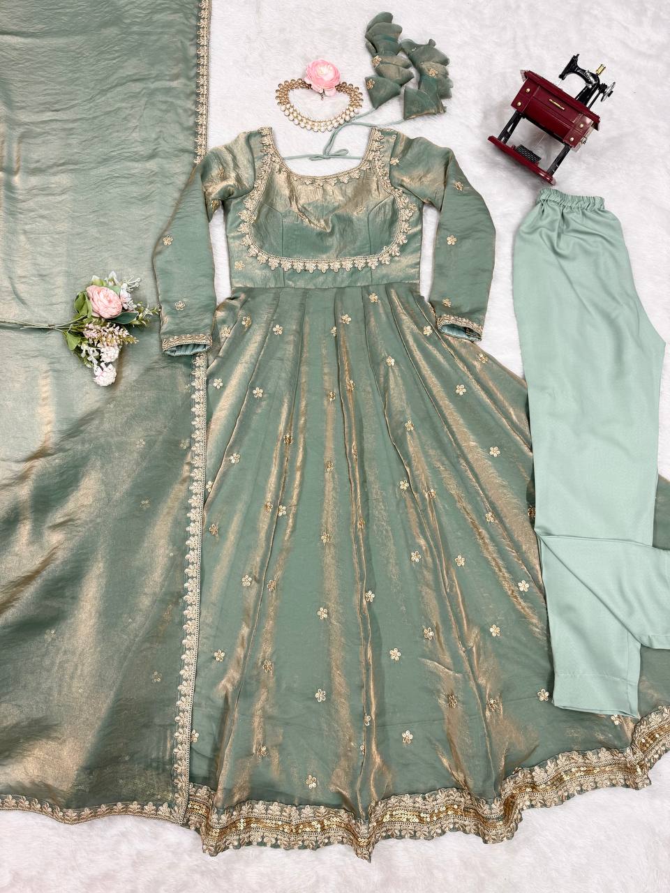 Prazu Fashion Olive Green Fandy Silk Coding With Sequence Work Wedding Wear Anarkali Suit