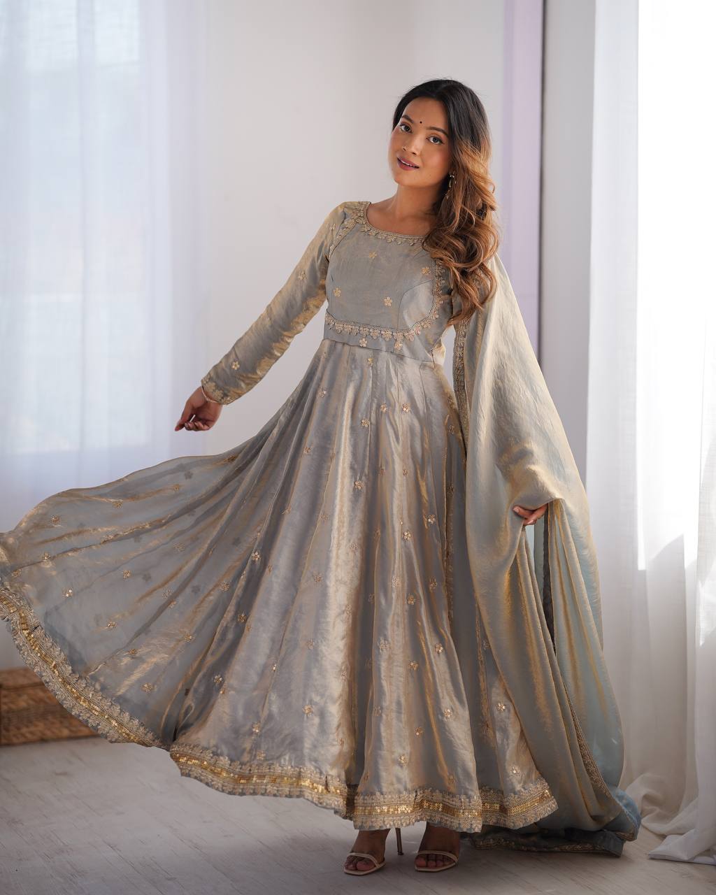 Prazu Fashion Silver Grey Fandy Silk Coding With Sequence Work Wedding Wear Anarkali Suit