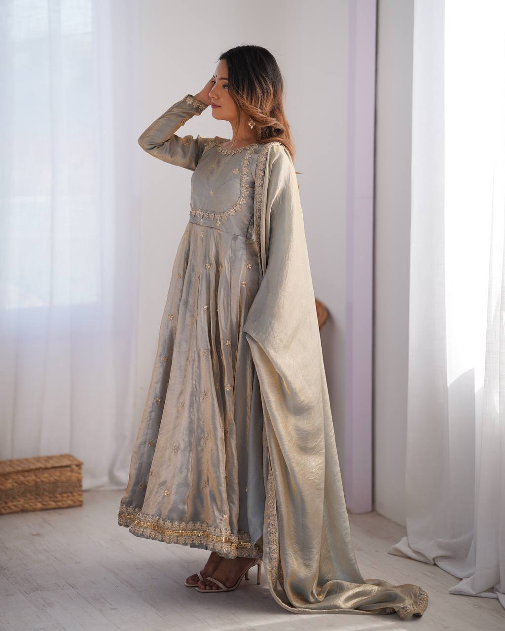 Prazu Fashion Silver Grey Fandy Silk Coding With Sequence Work Wedding Wear Anarkali Suit