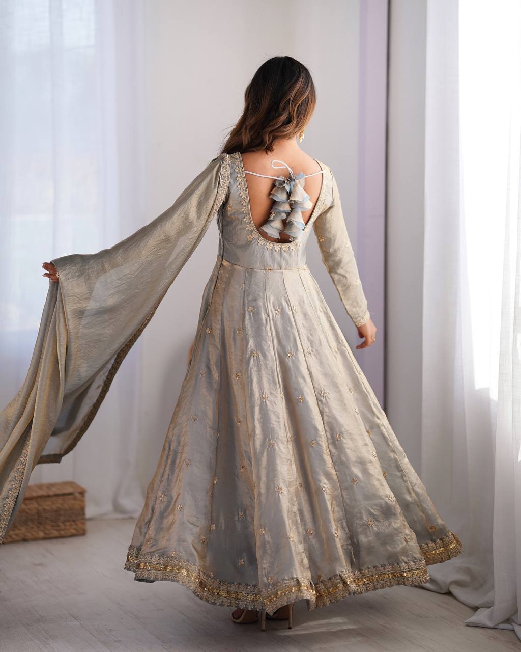 Prazu Fashion Silver Grey Fandy Silk Coding With Sequence Work Wedding Wear Anarkali Suit