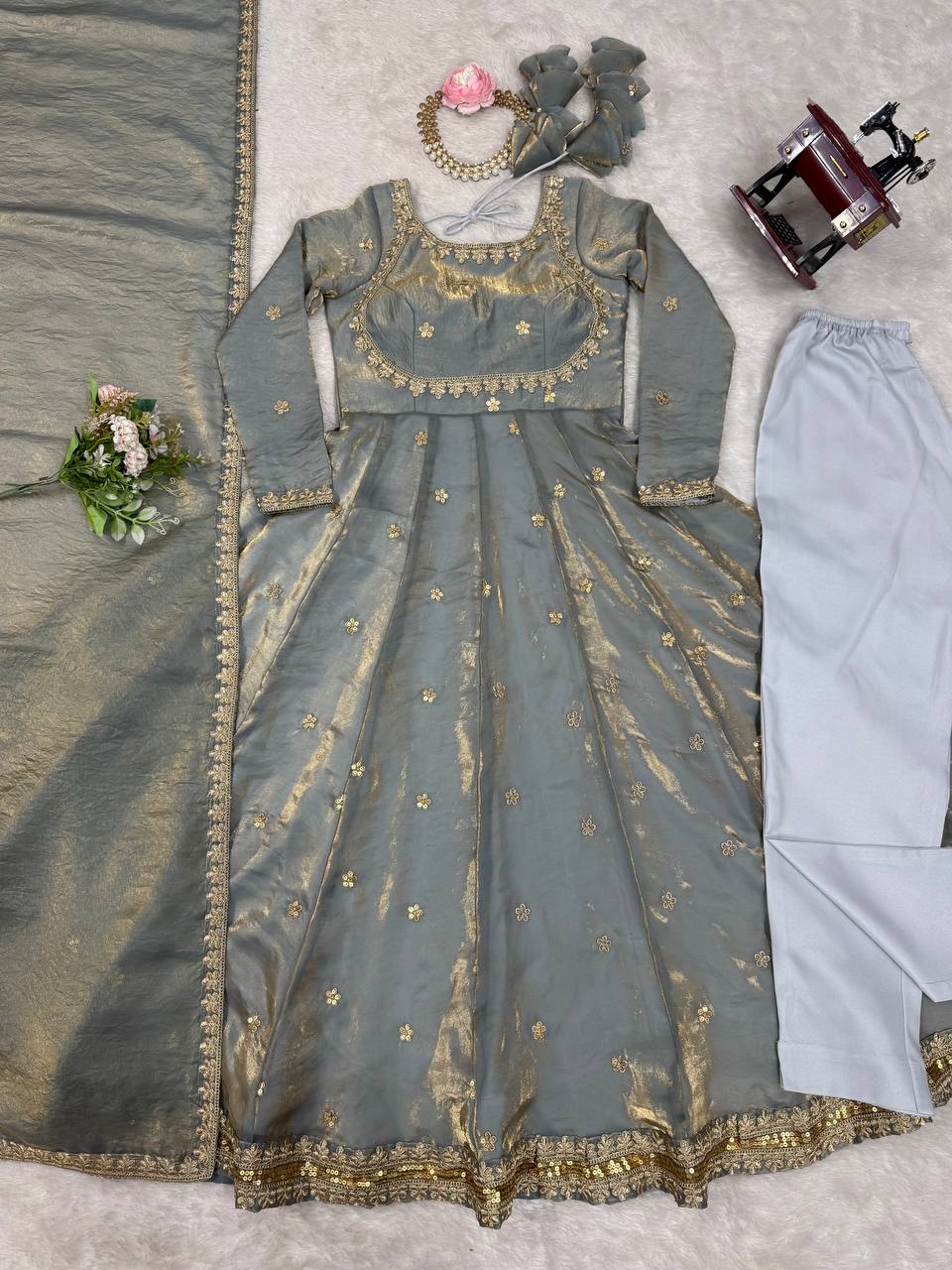 Prazu Fashion Silver Grey Fandy Silk Coding With Sequence Work Wedding Wear Anarkali Suit