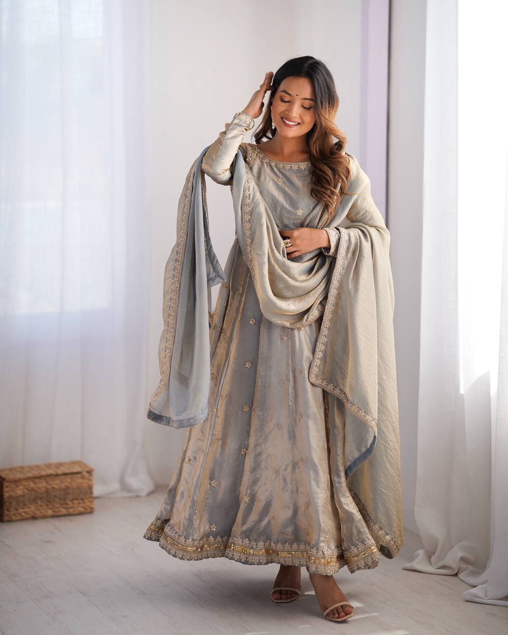 Prazu Fashion Silver Grey Fandy Silk Coding With Sequence Work Wedding Wear Anarkali Suit