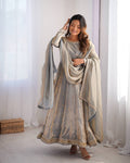 Prazu Fashion Silver Grey Fandy Silk Coding With Sequence Work Wedding Wear Anarkali Suit