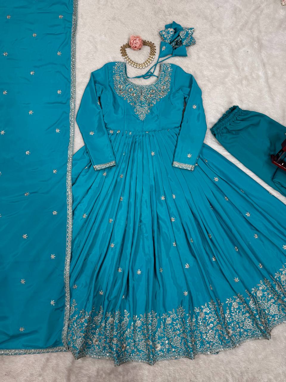 Prazu Fashion Sky Blue Silk Thread With Sequence Anarkali Suit