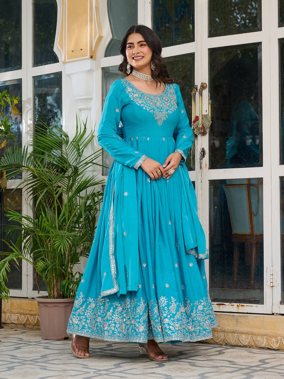 Prazu Fashion Sky Blue Silk Thread With Sequence Anarkali Suit