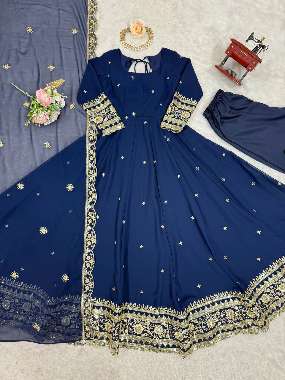 Prazu Fashion Blue Georgette Thread Sequence Anarkali Suit