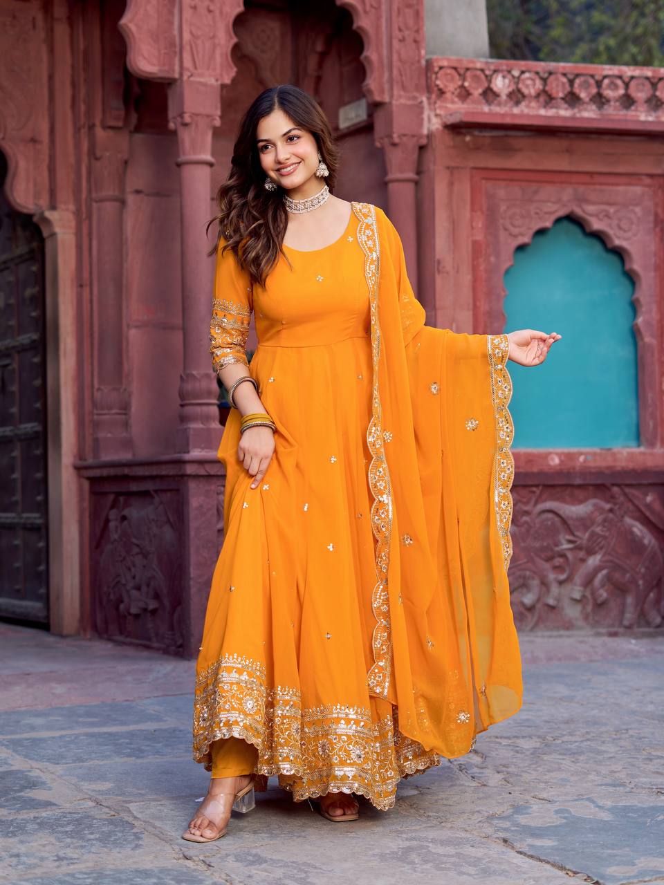 Prazu Fashion Mustard Georgette Thread Sequence Anarkali Suit