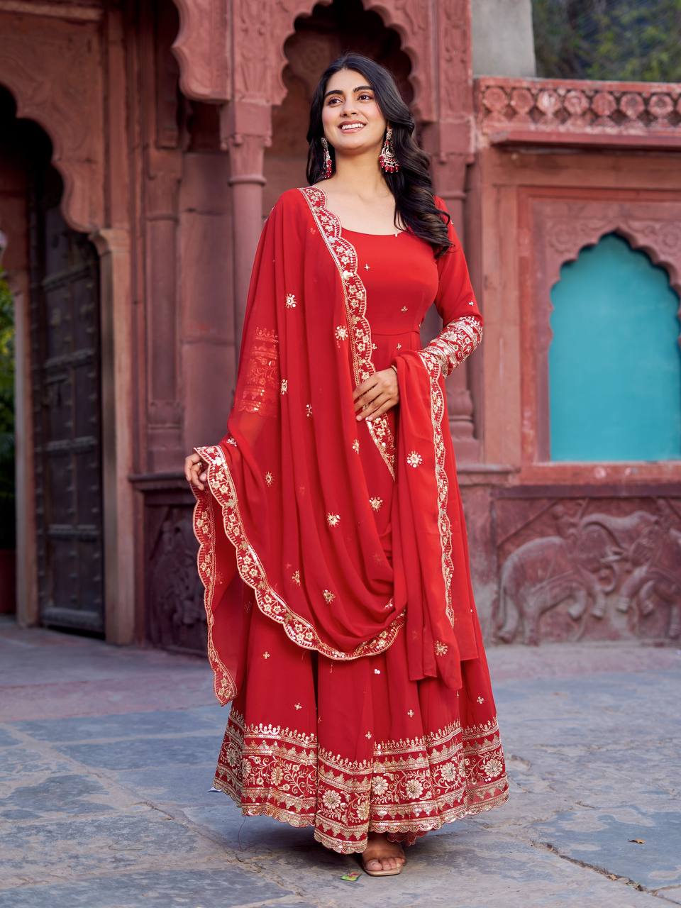 Prazu Fashion Red Georgette Thread Sequence Anarkali Suit