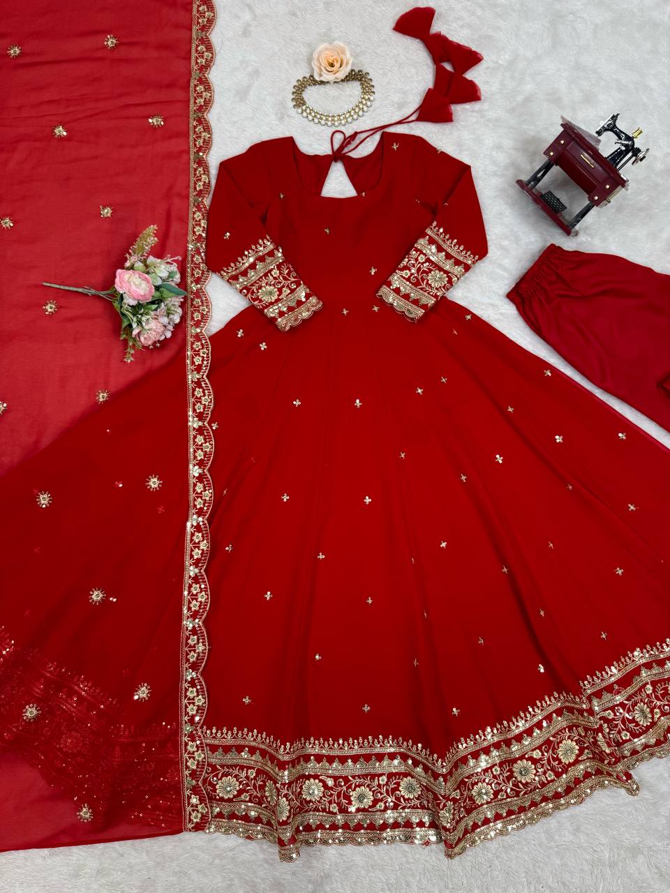 Prazu Fashion Red Georgette Thread Sequence Anarkali Suit
