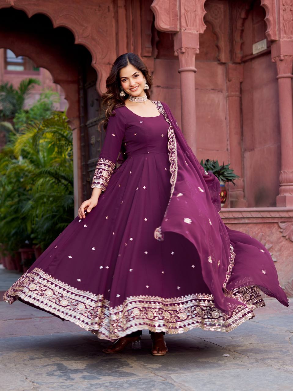 Prazu Fashion Wine Georgette Thread Sequence Anarkali Suit