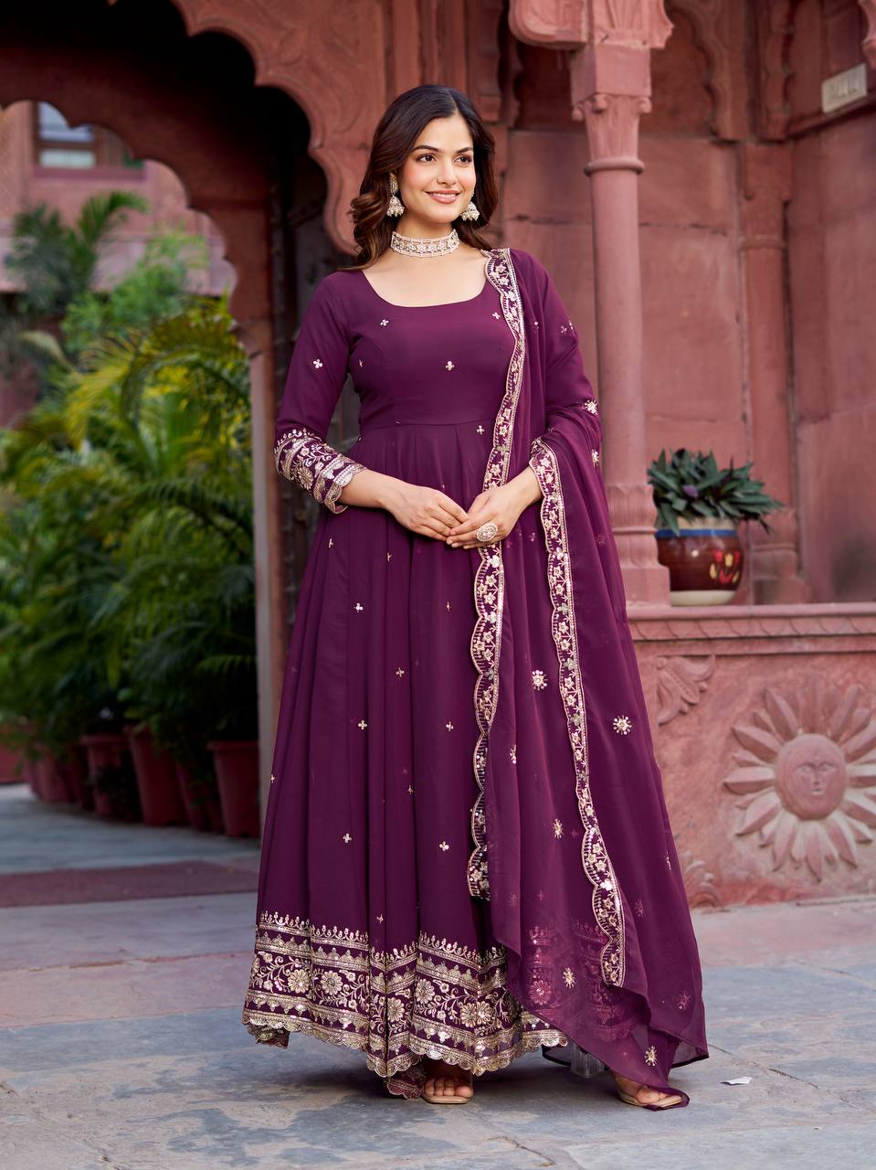 Prazu Fashion Wine Georgette Thread Sequence Anarkali Suit
