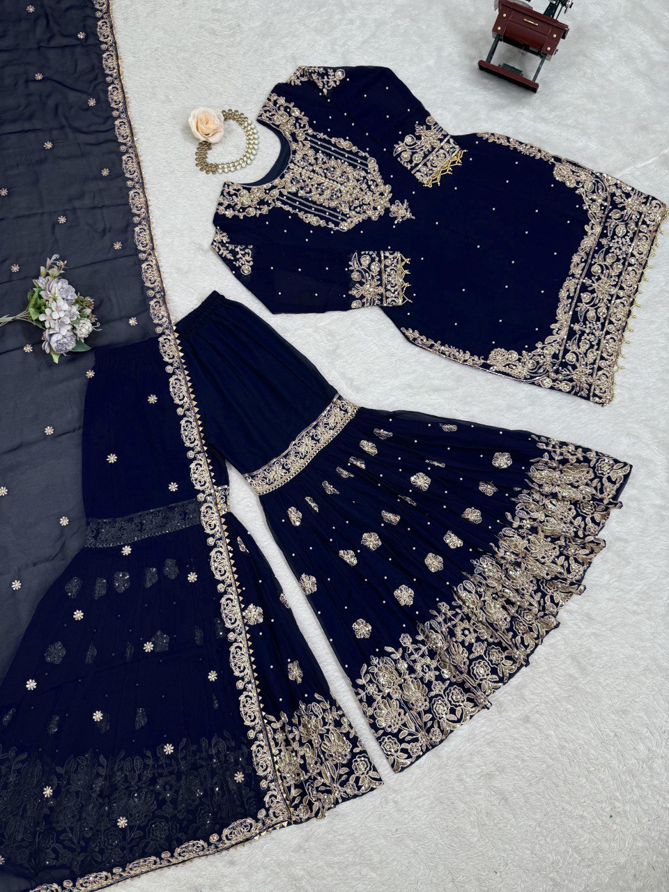 Navy Blue Faux Georgette Embroidered Sharara Suit Set