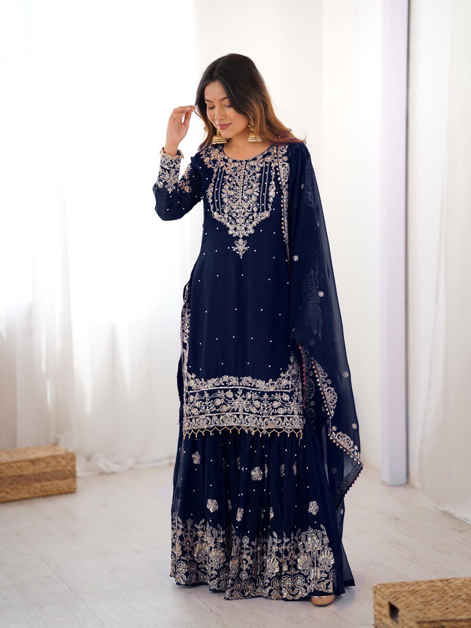 Navy blue faux georgette sharara suit with dori and sequin embroidery