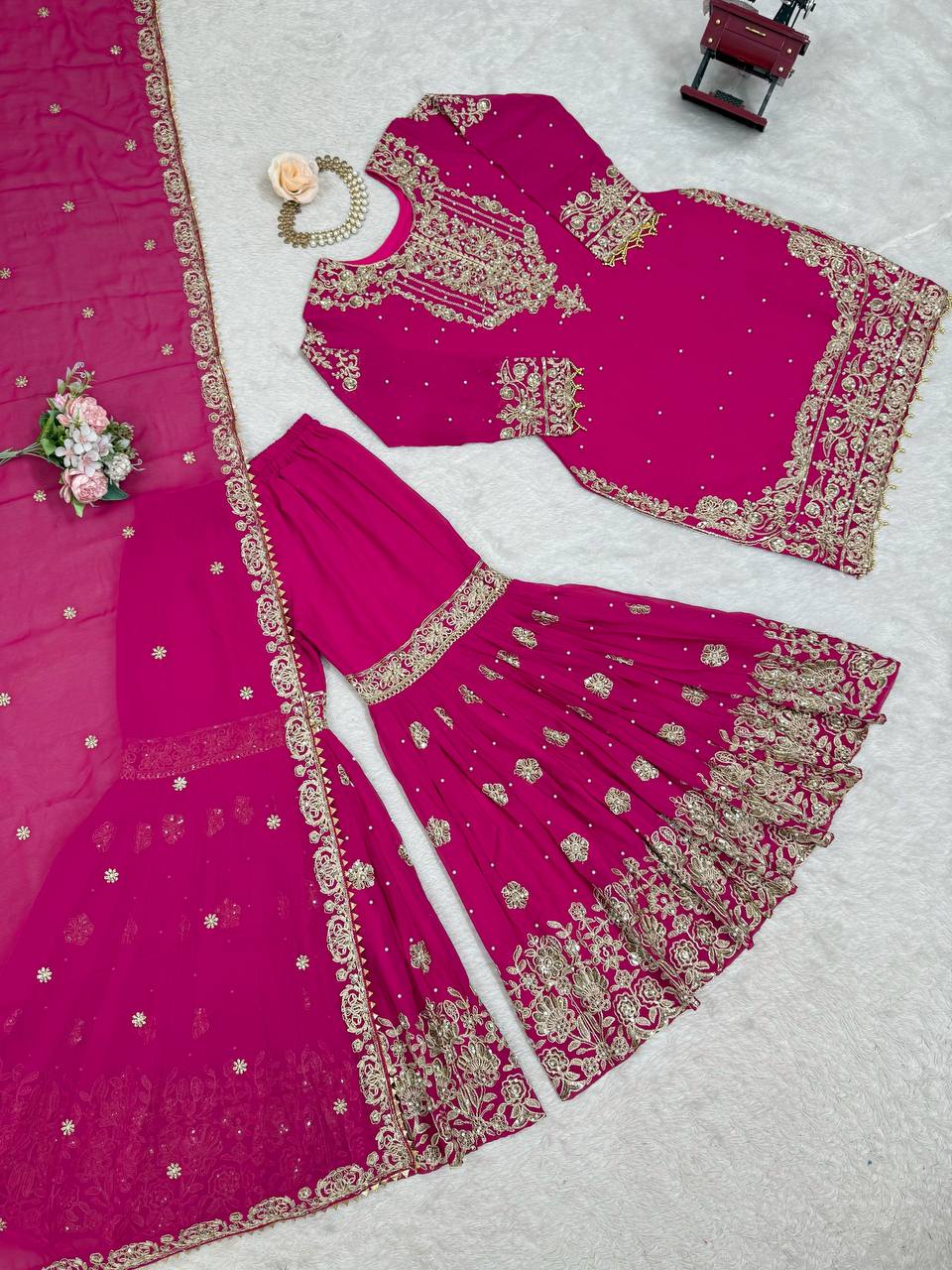 Pink Faux Georgette Embroidered Sharara Suit with Cording