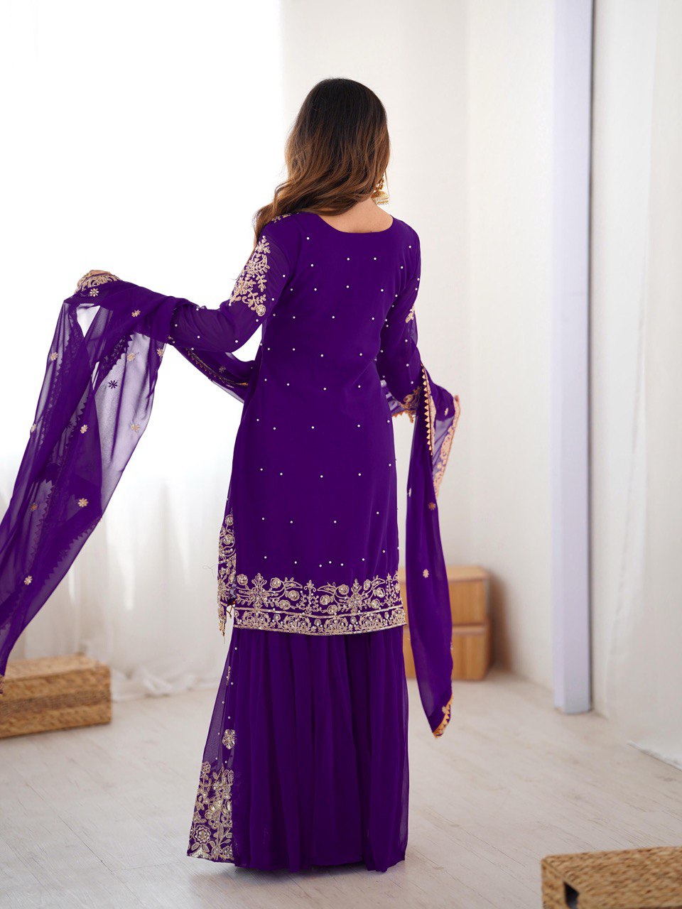 Violet Faux Georgette Embroidered Thread Work Sharara Suit