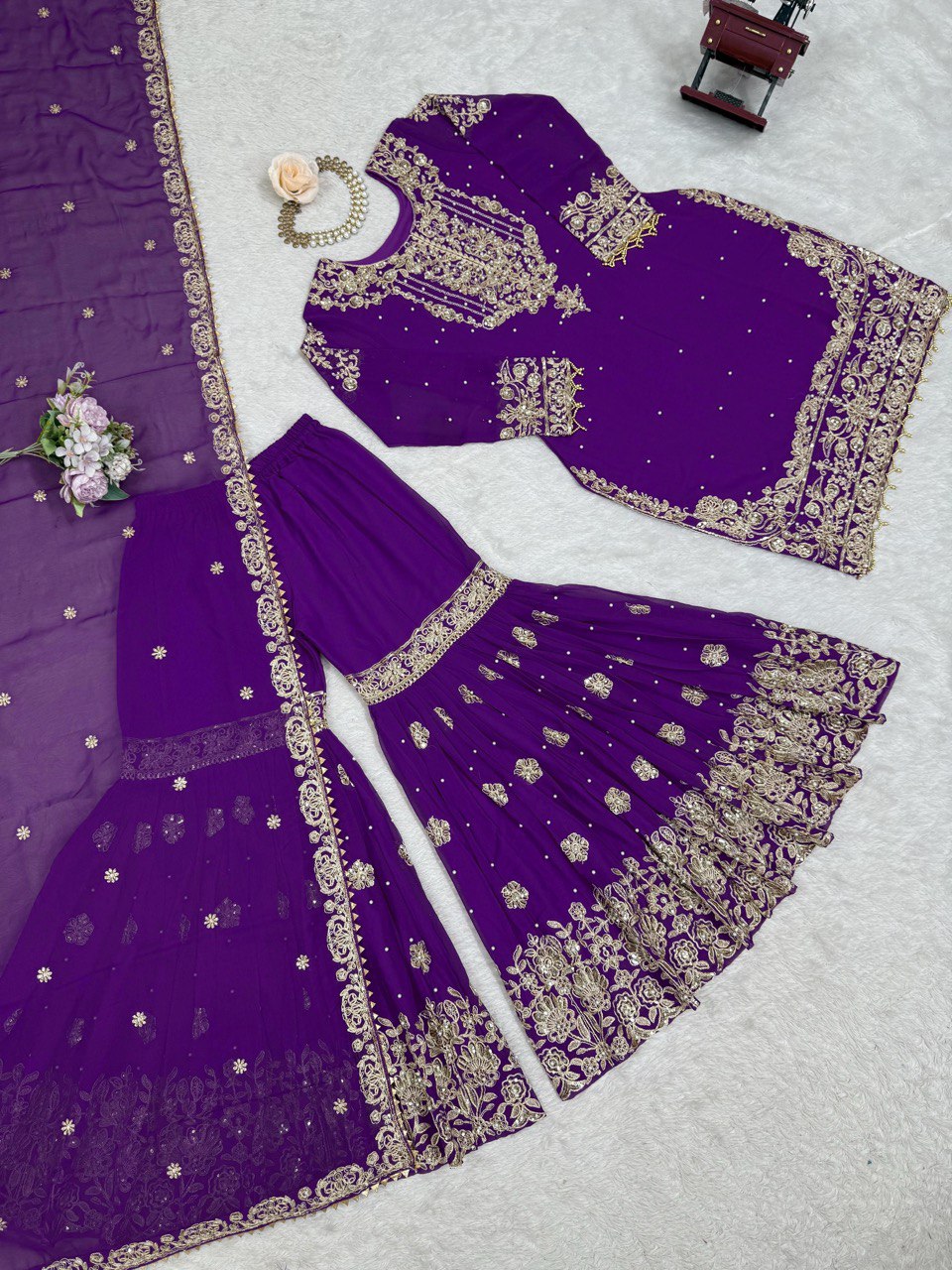 Violet Faux Georgette Embroidered Thread Work Sharara Suit