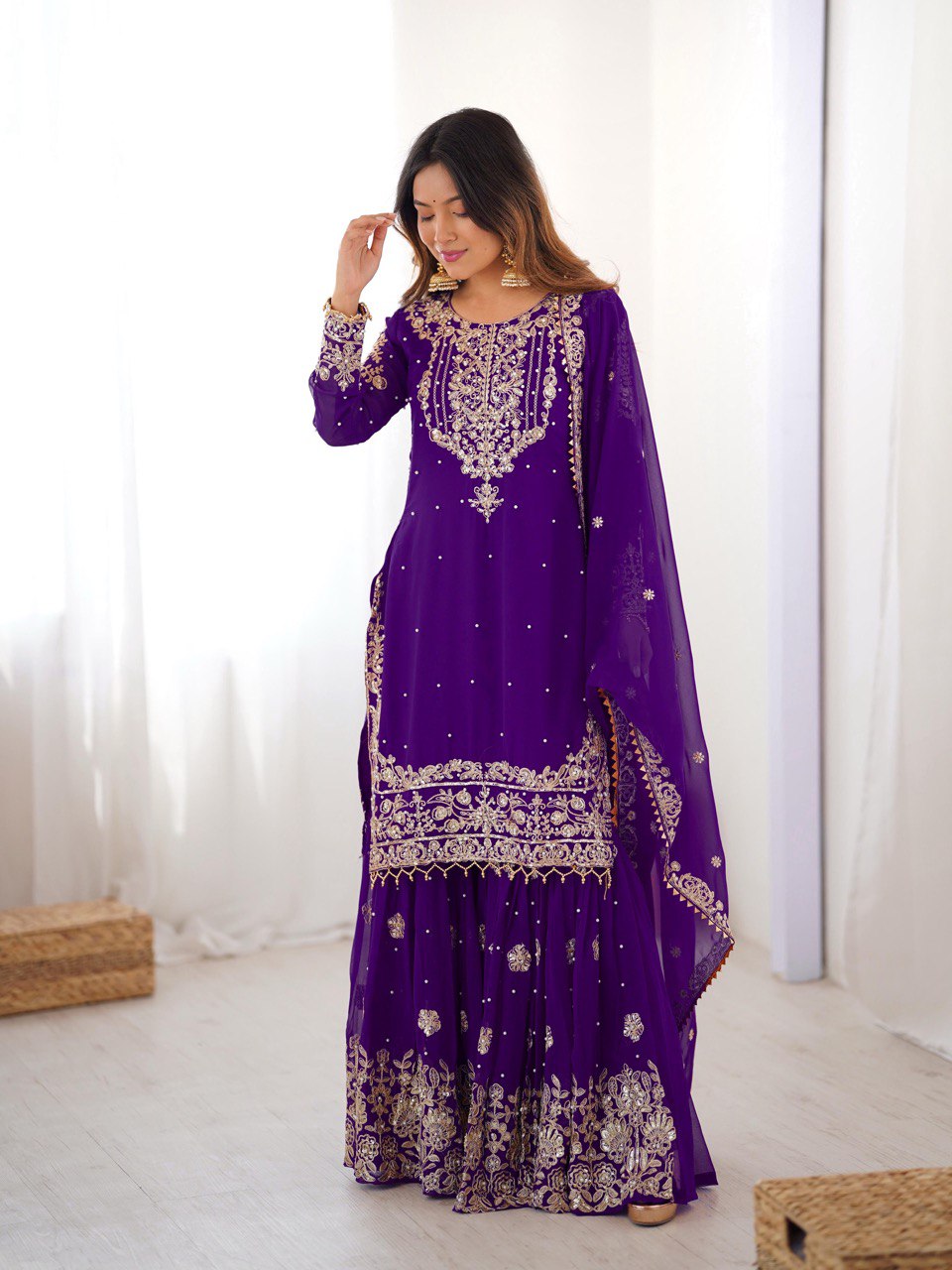 Violet Faux Georgette sharara suit with designer cording embroidery