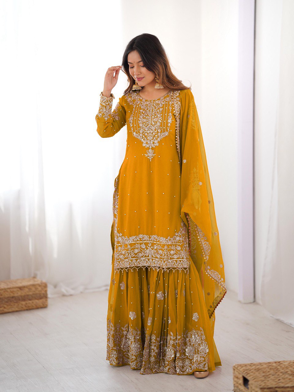 Yellow Faux Georgette sharara suit with cording dori embroidery and sequin detailing
